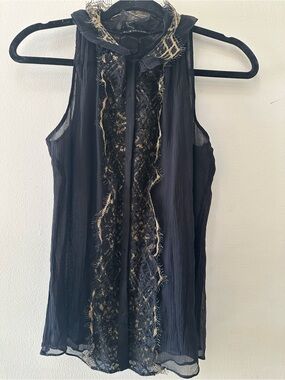 Elie Tahari 100% Silk Black Sleeveless Sheer Camisole with Gold Trim